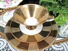 BAVARIA GERMANY tea cup and saucer trio black and gold gilt teacup deco footed  