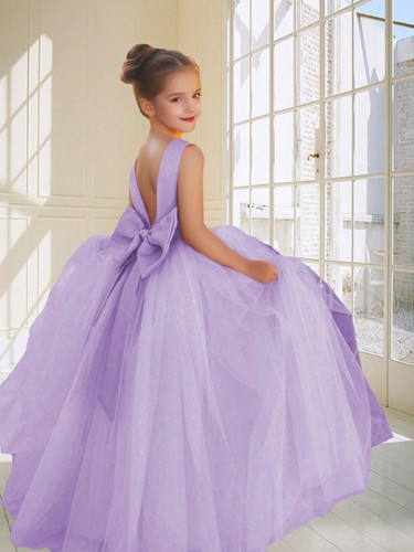 Tween Girls' Elegant Faux Pearl Bow Mesh Formal Dress - for Wedding/Prom/Party
