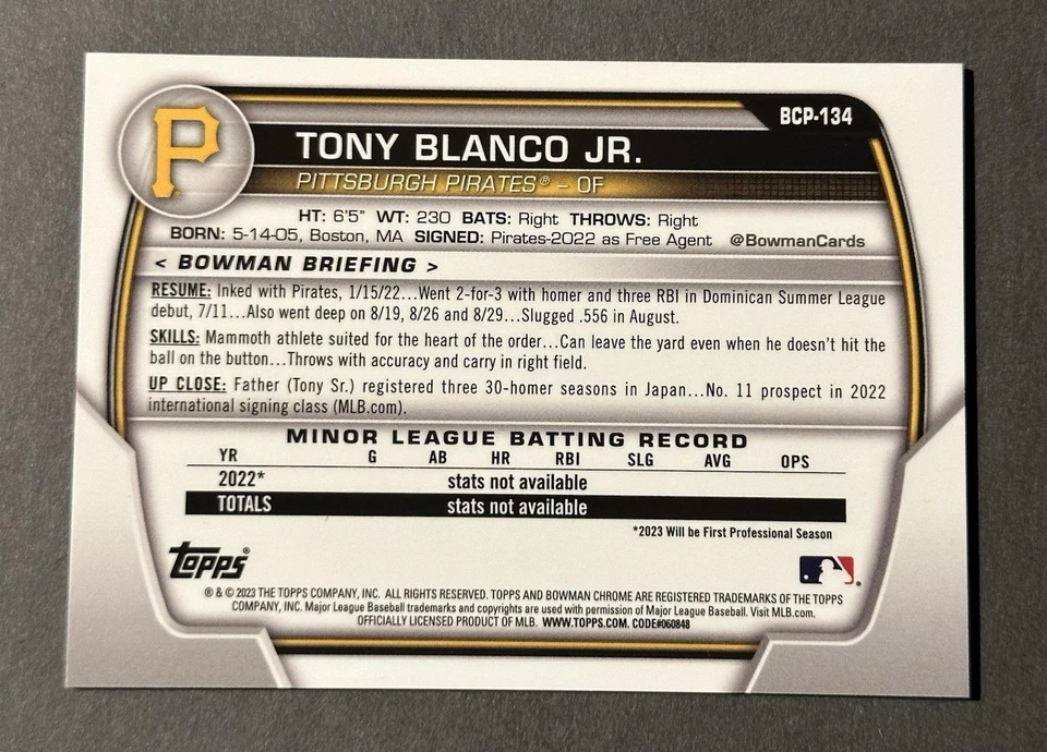 TONY BLANCO JR 2023 Bowman Sapphire  #BCP-134 Chrome 1st Orange 10/50 - Image 2 of 2