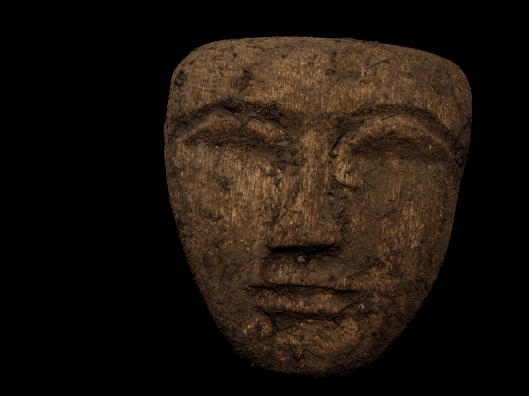 Ancient Egyptian Wooden Funerary Mask Fragment Pharaoh Face Artifact Figurine