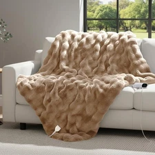 Faux Rabbit Fur Electric Blanket, Oversized 51"x75" Single Heated Throw, 6 Heat 