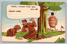 c1940 Military Naked Guy In Barrel Needing Clothes Humor Vintage Postcard