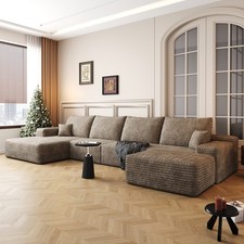 135" U-Shaped Sectional Sofa w/Ottoman, Plush Corduroy, Camel, No Assembly