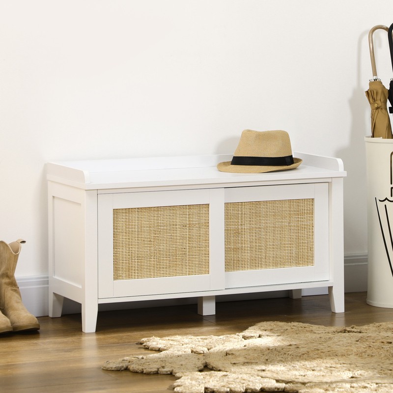 Small Shoe Bench with Storage Boho Entryway Bench with Shoe Cabinets White
