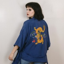 Vintage Health Silk Kimono Robe Blue Silk Dragon Embroidered Bathrobe Y2K 90s