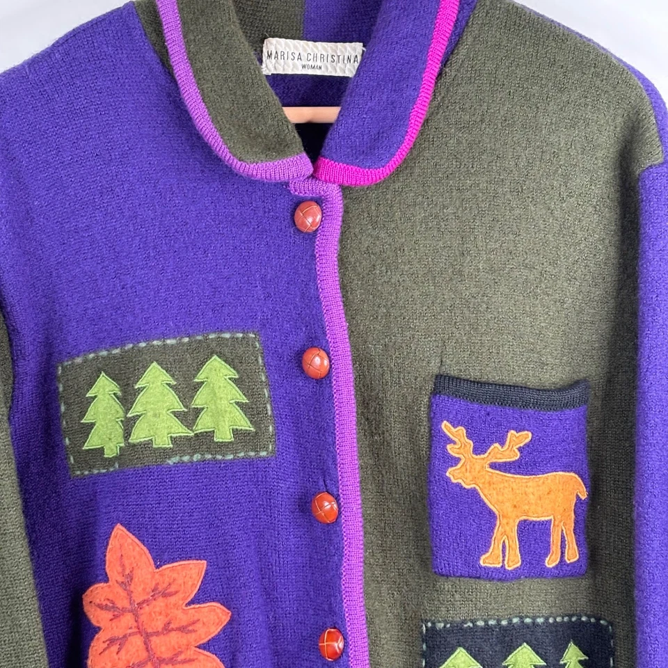 VTG 90s Marisa Christina Wool Christmas Cardigan XL Purple Patchwork Granny Bear - Image 2 of 4