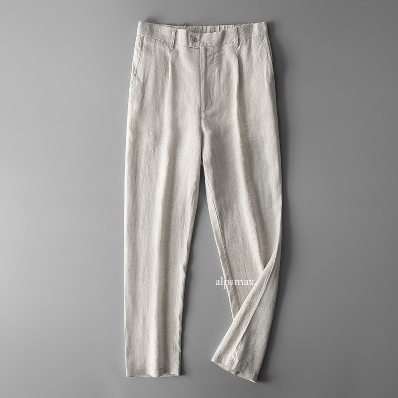 Men's Slim Fit Linen Ankle Pants - Elastic Waist Business Casual Trousers  