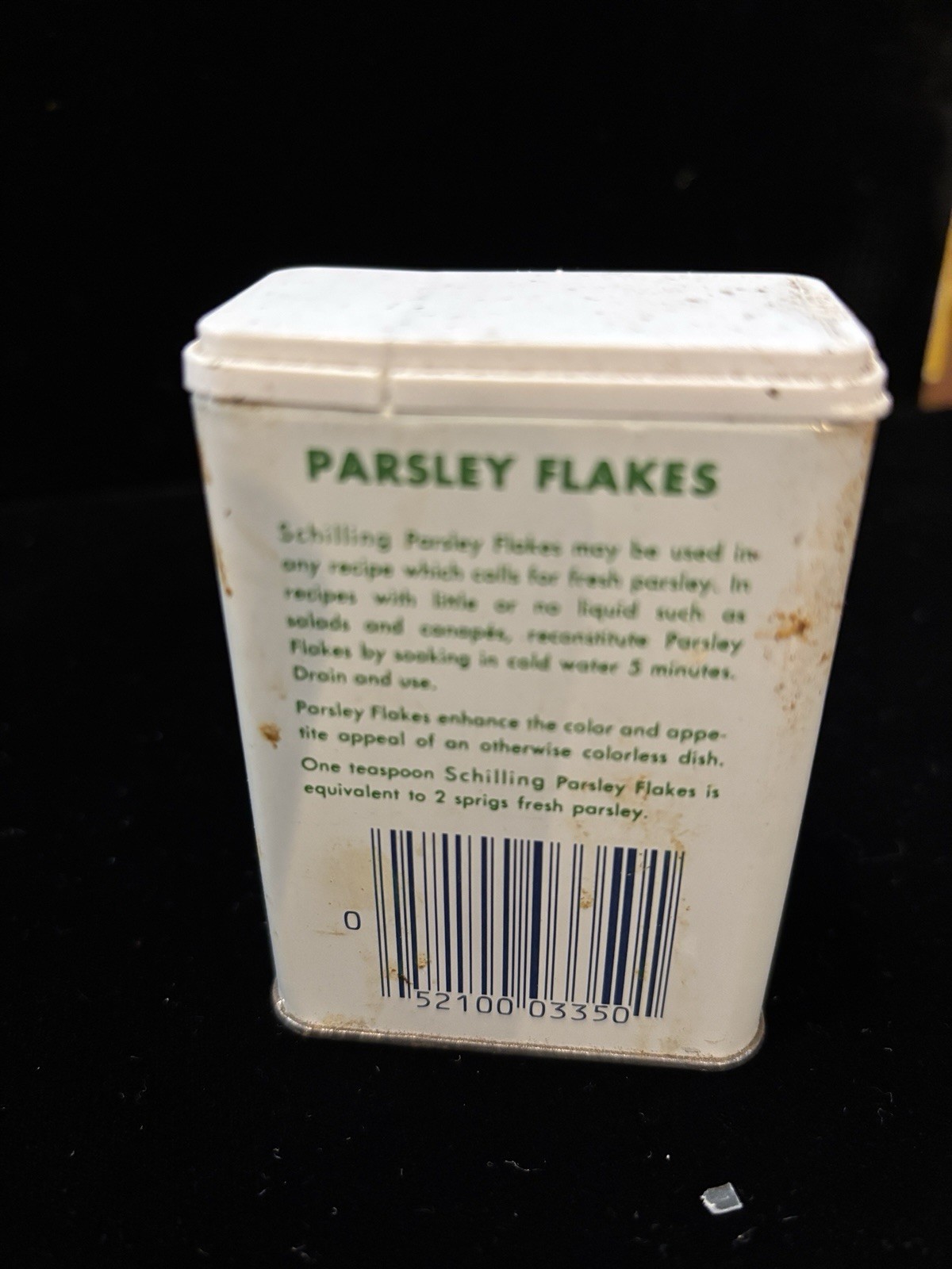 Vintage SCHILLING PARSLEY FLAKES Spice Tin - 1974- No Dents - Nice Graphic