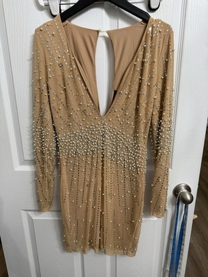 Fashion Nova Luxe Juliette Pearl Rhinestone Nude Mesh Mini Dress M Glam  Party | eBay
