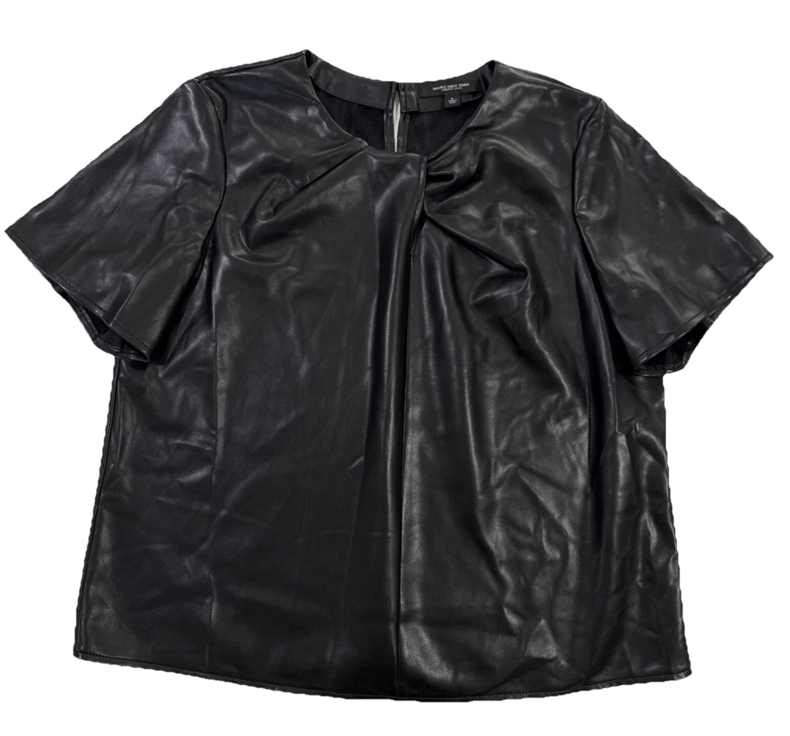 Marc New York Faux Leather Twist Front Detail Black Blouse Top L Boho Chic