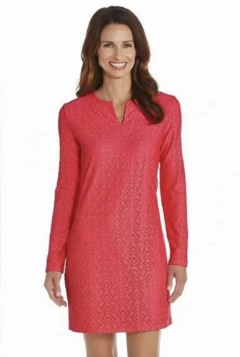 Coolibar Womens Pink UPF 50 Eyelet Long Sleeve V Neck Dress L Beach Cruise