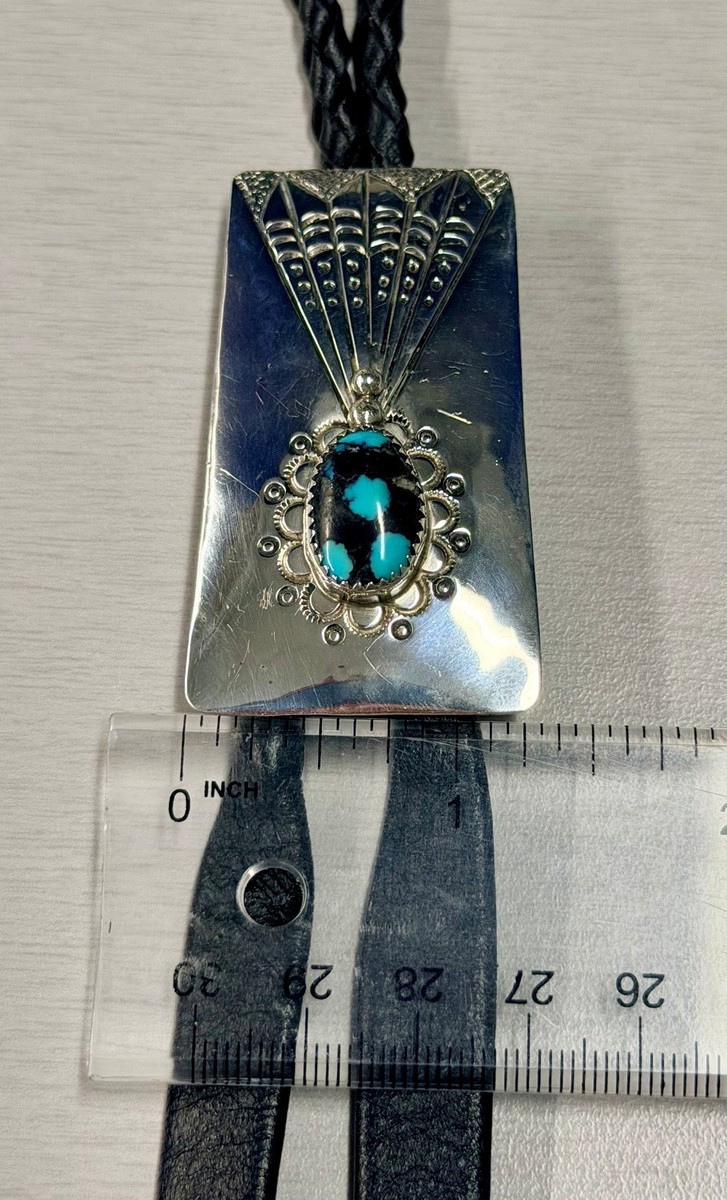 Stunning Vintage Navajo Zack Yazza Sterling Silver Turquoise Bolo Tie ZY Signed View 5