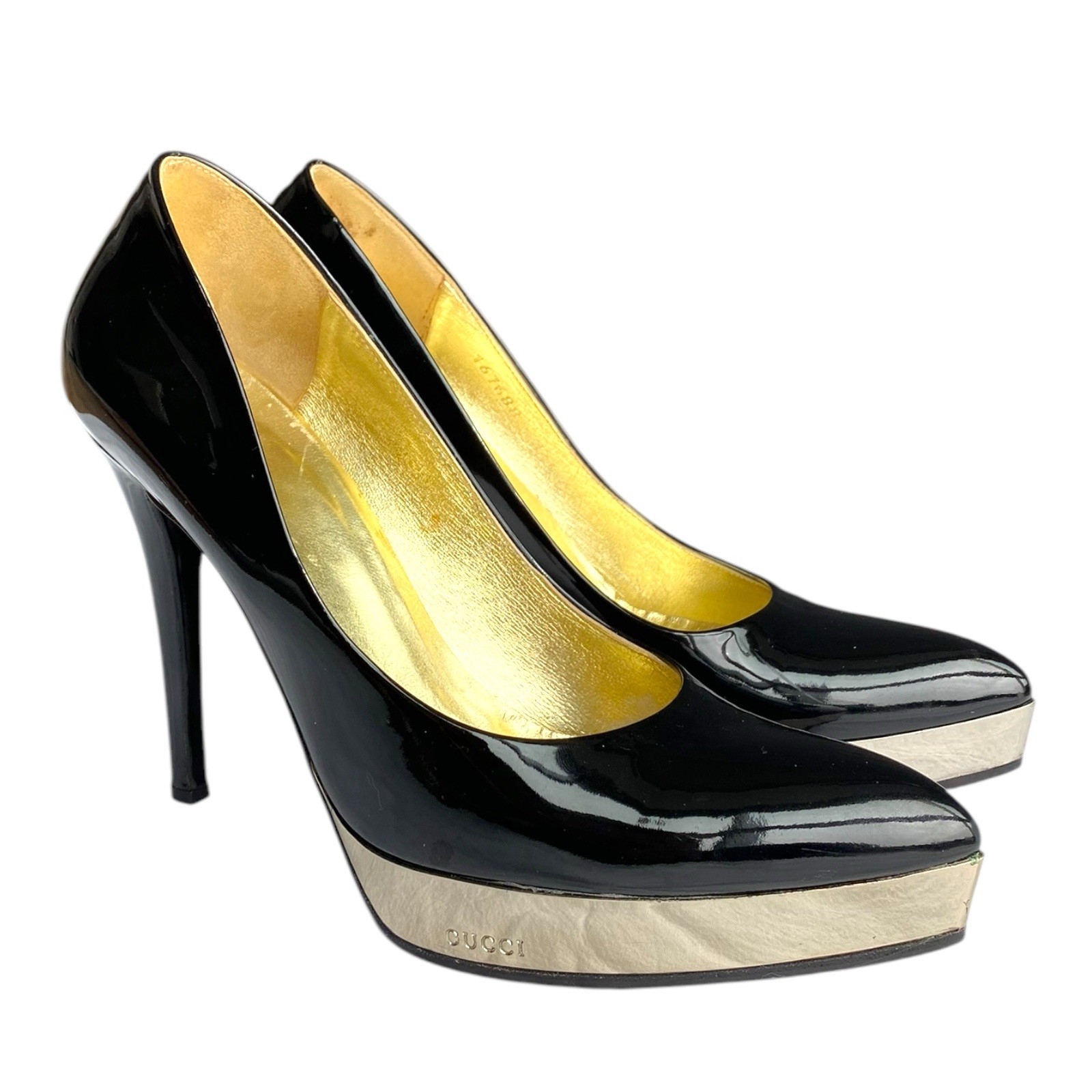 Mo  GUCCI Black Patent Leather Mirror Platform Pointed Toe Pumps, Size