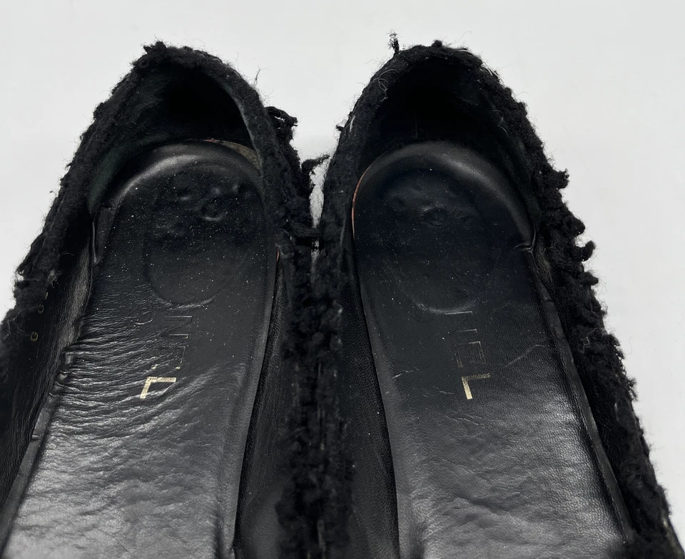 Chanel DAÑADO RE-SUELA Negro Tweed Boucle Bow Ballet Pisos talla 40 Foto 3 de 4
