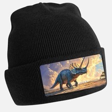 Unisex Cotton Triceratops Print Black Beanie Hat