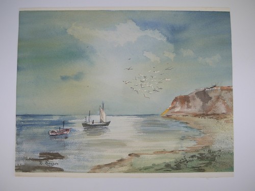 Firmato R BENSON Paesaggio Marino ORIGINALE Acquerello PITTURA Uccellini CALIFORNIA Barche - Foto 2 di 9