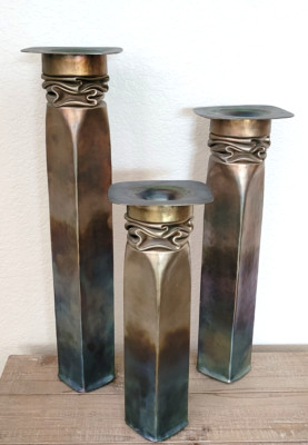 1990s Thomas Roy Markusen Modern Brutalist Copper Candle Holders Set Of 3 Signed