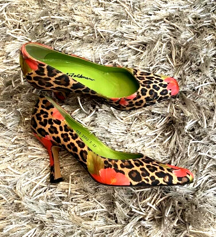 Beverly Feldman pumps animal print heels flowers designer shoes