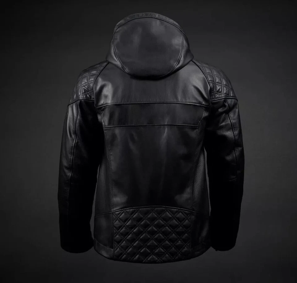 ENIGINEHAWK Leather Motorcycle/Motorbiker  Hooded Jacket For Men's with CE Armor - Image 2 of 4