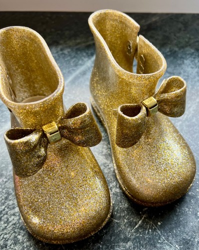 Mini Melissa Mädchen Zucker Gold Glitzer Glitzer Schleife Regen Stiefel Größe 8/9 Kleinkind
