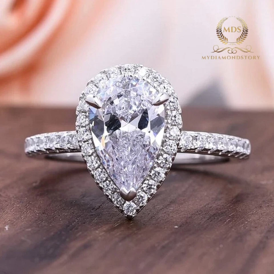 3 Carat Pear Cut Moissanite Trio Set Engagement Ring Solid 14K White Gold VVS1 - Image 2 of 4