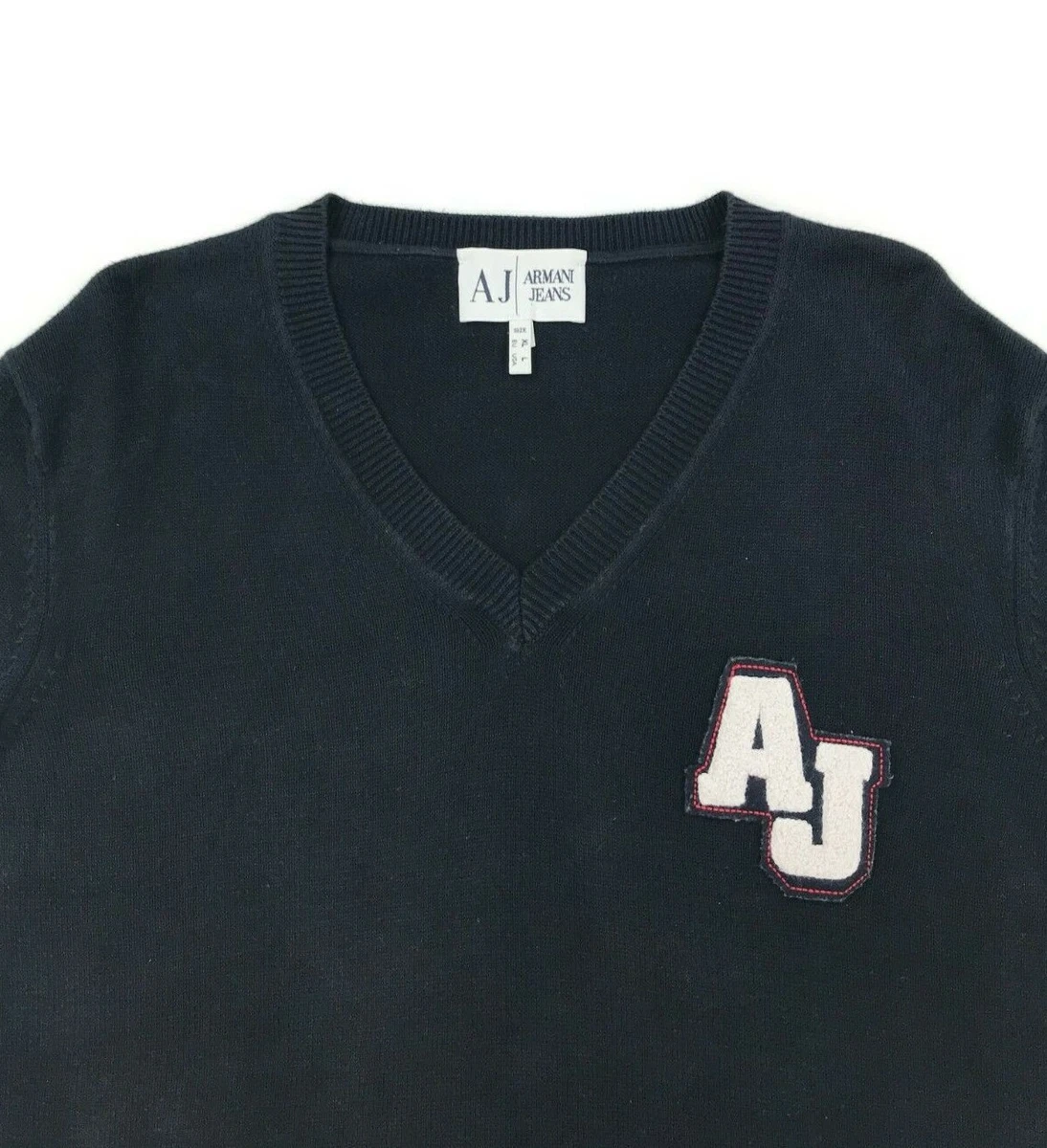 Men s Navy Blue Armani Jeans Jumper Medium M V Neck Varsity Cotton Sweater AJ A