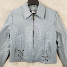 Chaqueta Pelle Pelle Vintage Mujer 12 Azul Cuero Cremallera Moto Cosido Acento Motociclista