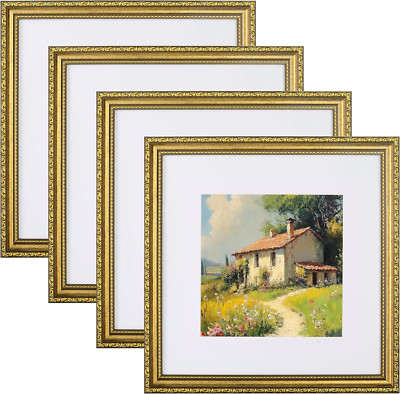 Set de 4 Marcos 12x12 Dorados, Estilo Vintage con Vidrio y Passepartout