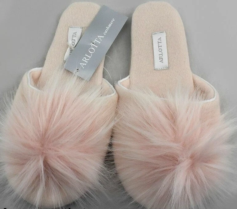 $125 NEW Arlotta Home Cashmere Pom Pom Slide Slippers SMALL MEDIUM Pink Blush |