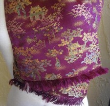 Vintage Chinese Silk Satin Scarf landscape gardens 42" X 9" cranberry magenta