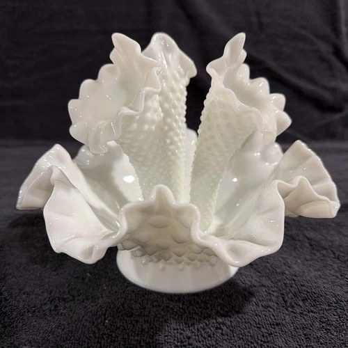 VTG Ruffled Fenton White Milk Glass Hobnail 3 Horn Trumpet Vase Epergne Bowl