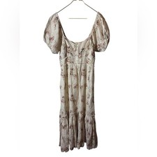 LoveShackFancy Floral Linen Midi Dress Cream Pink Puff Sleeve Size 6