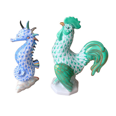 Herend Fishnet Seahorse and Rooster Figurine Set of 2 Blue Green Gold Hungary