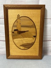 Hudson River Inlay Wood Marquetry Boston Lighthouse by Nelson Vintage Nautical
