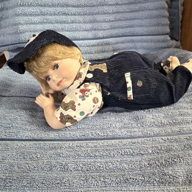 Baby Boy Doll Light Complexion Blonde Hair Blue Corduroy Overalls Outfit & Hat
