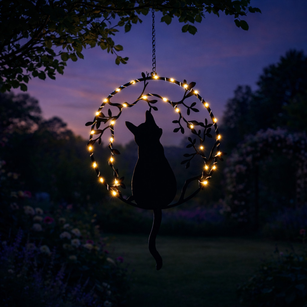 Hanging Solar Cat Garden Ornament Outdoor Light Decoration 24cm Chain Gift