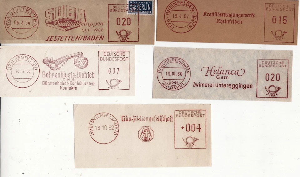 ZB19 - 5 verschiedene seltene Absenderfreistempel von 1952-1960 - 2xJestetten - Bild 1 von 1