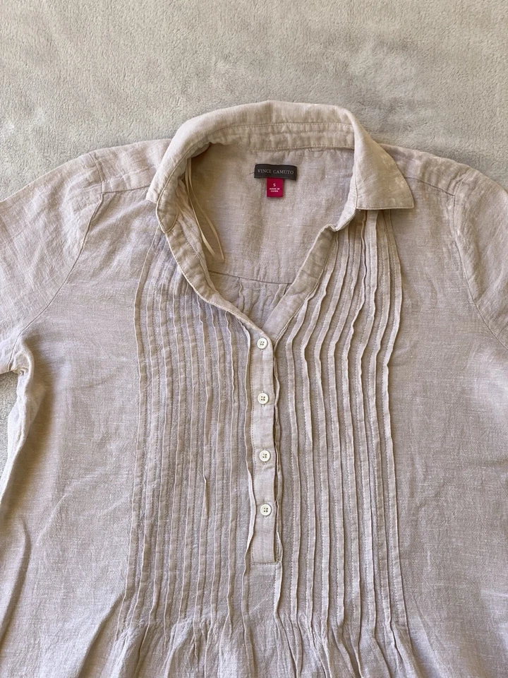 Vince Camuto Women's Linen Beige Khaki Tan Tunic Sz Small Long Sleeve Smocked - Image 4 of 4