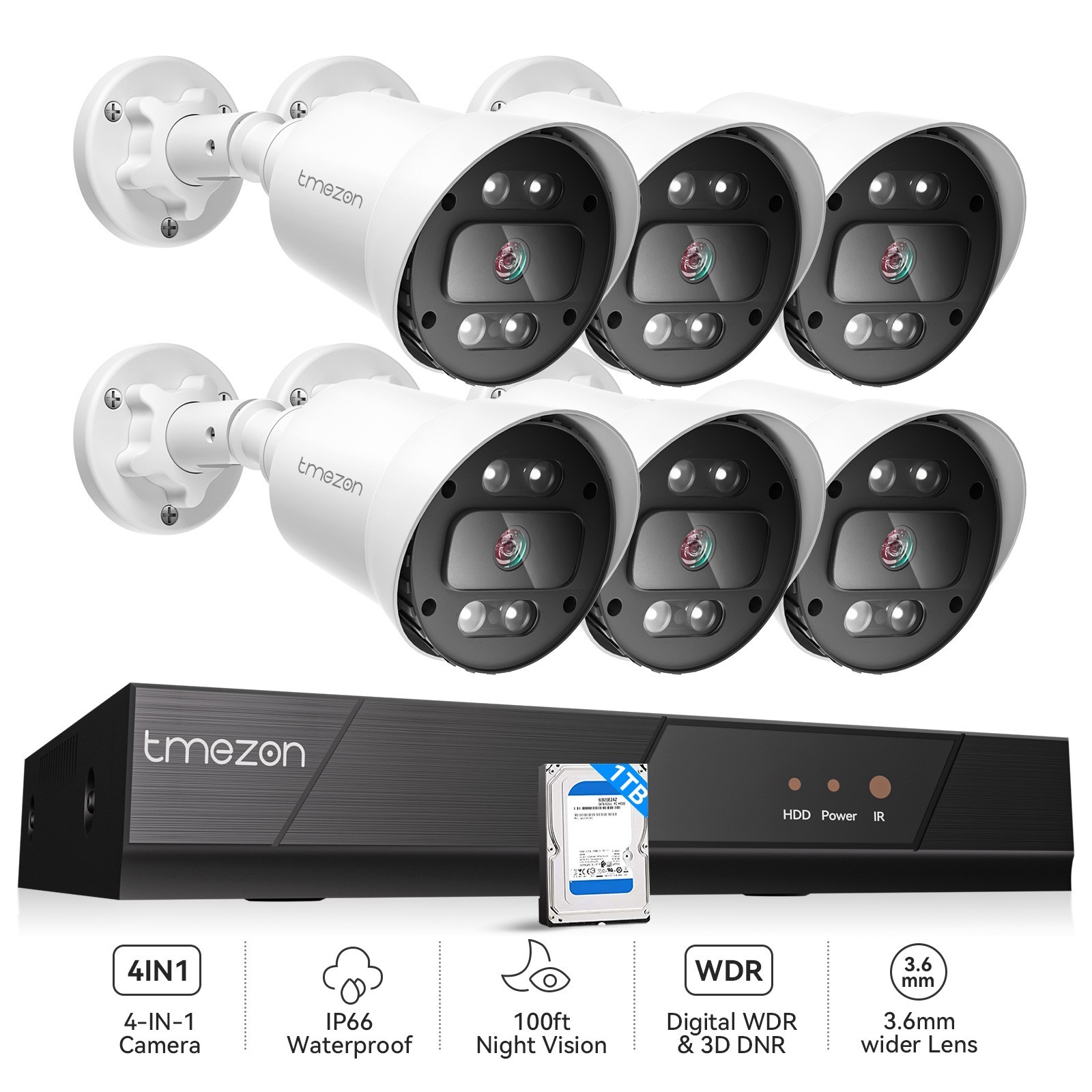 TMEZON 6PCS Security Camera System 5MP Lite CCTV DVR HD IR Outdoor Home IP66