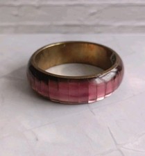 Vintage 1970's Brass & Pink Panel Effect Lucite Bangle 1" Wide 3" Across