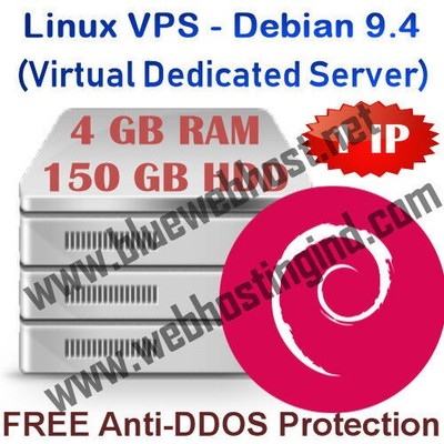 Linux VPS Server - Debian 9.4, 4GB RAM, 150GB HDD Virtual Dedicated Hosting