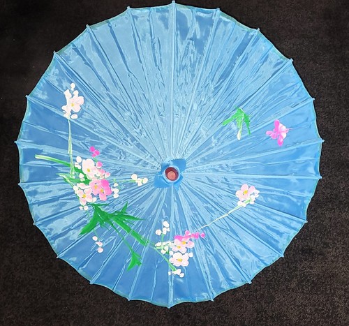 Vintage Asian Hand Painted Silk & Bamboo Parasol