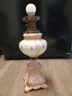 Vintage Floral Hurricane Lamp Milk Glass Lavender Gilt Victorian 18.5” tall Gold