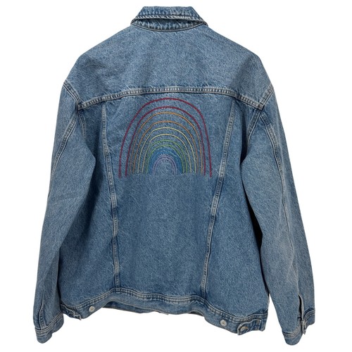 Old Navy Jeansjacke Damen XL Tall Boyfriend blau Trucker bestickt Regenbogen - Bild 4 von 6