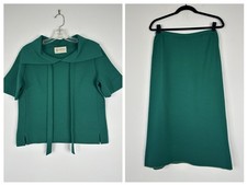 Vintage 1960s Kimberly Made in Italy Green Wool Knit Top  Skirt Set Size 12
