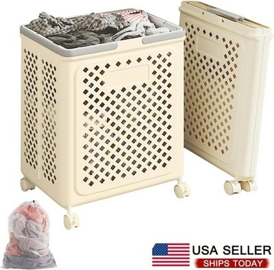 46L Laundry baskets Plastic Folding Rolling Laundry Basket with Wheels