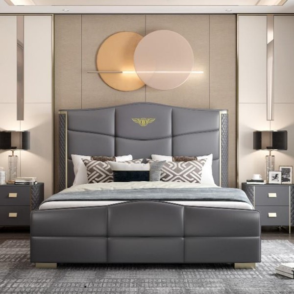 Design Doppelbett Lederbett Betten Bett Leder Polster Schlafzimmer Ehe 180X200Cm-image