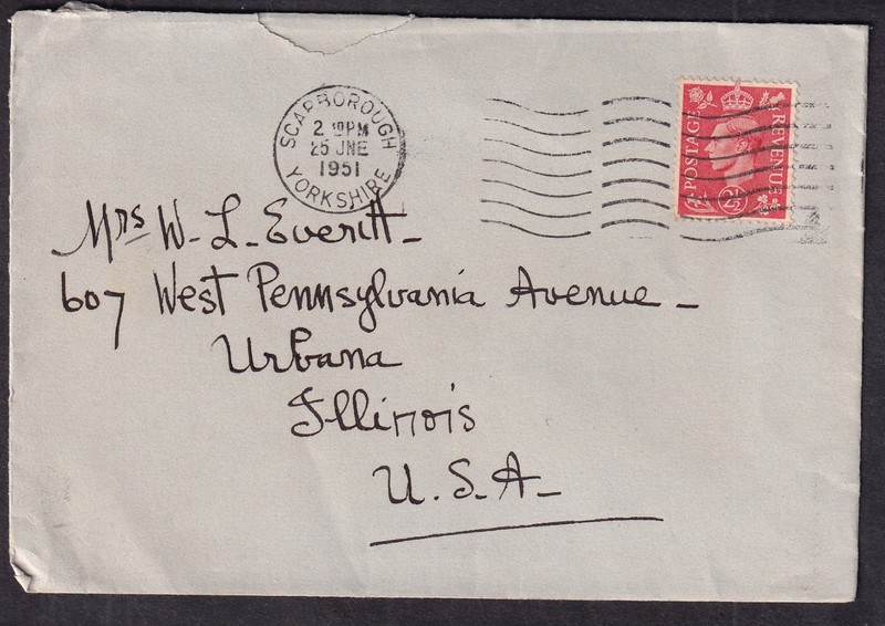 Great Britain 1951 cover Scarborough Yorkshire to Urbana Illinois