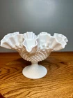 Fenton Hobnail White Milk Glass Ruffled Pedestal Bowl/Fruit Dish /Compote 6.5”ta