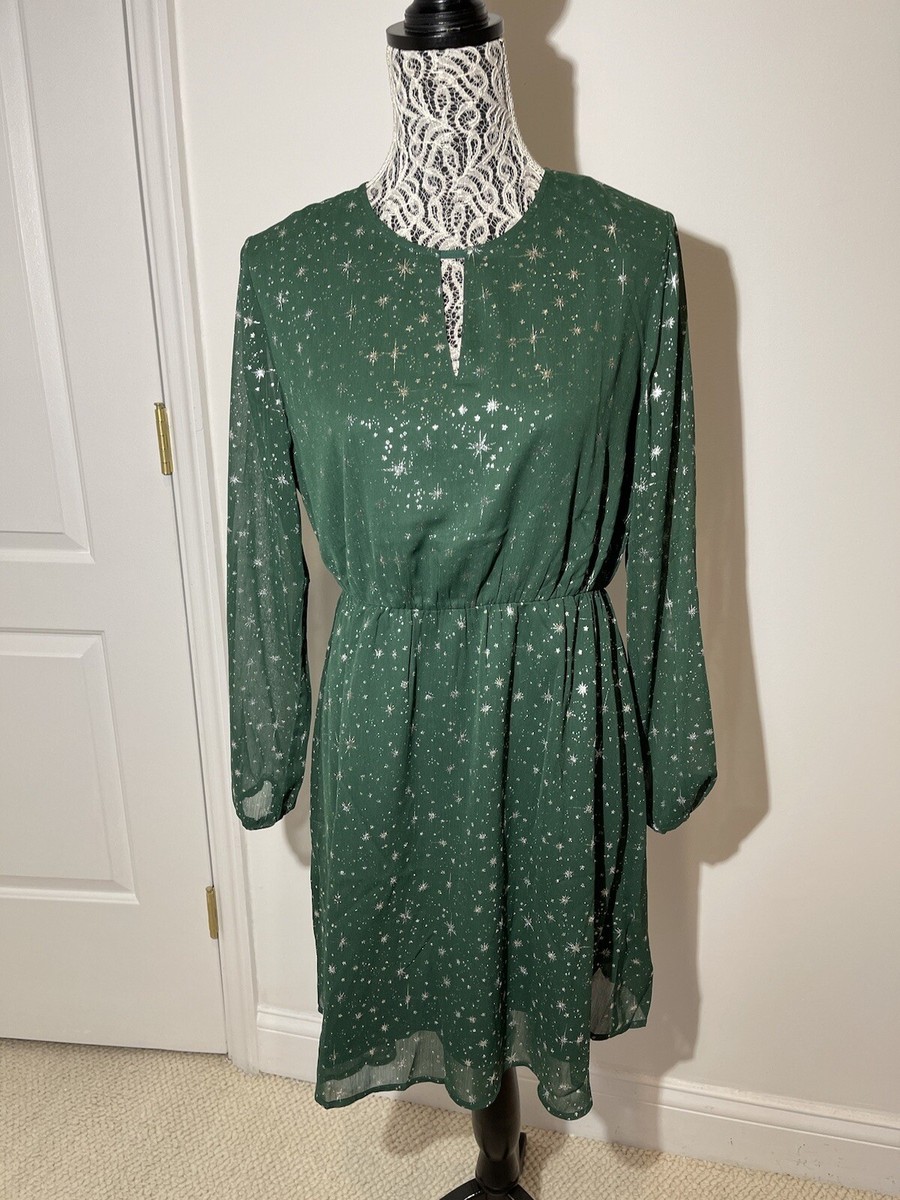 Allegra K Size M Keyhole Star Green Chiffon Lined Dress Long Sleeve | eBay